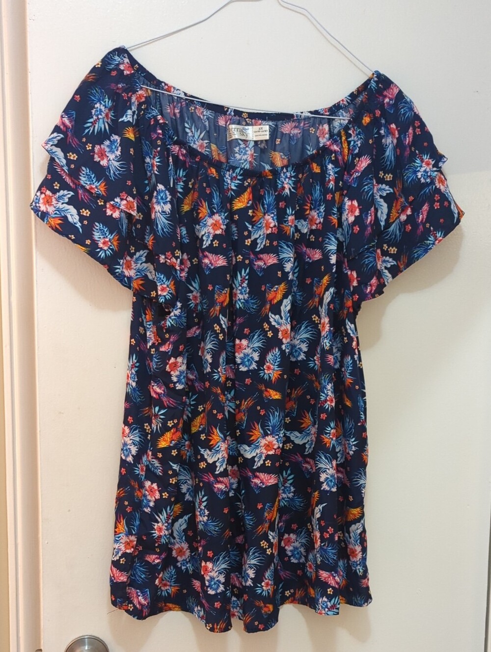 Terra & Sky Navy Floral Off-Shoulder Top 2X